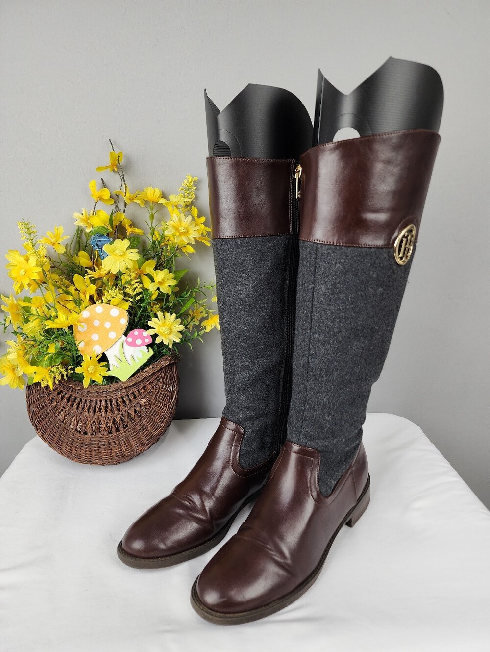 Tommy Hilfiger Madelen Tall Boots - Brown Leather & Grey Wool Sz 8